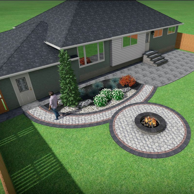 3D rendering of new landscaping around a house
